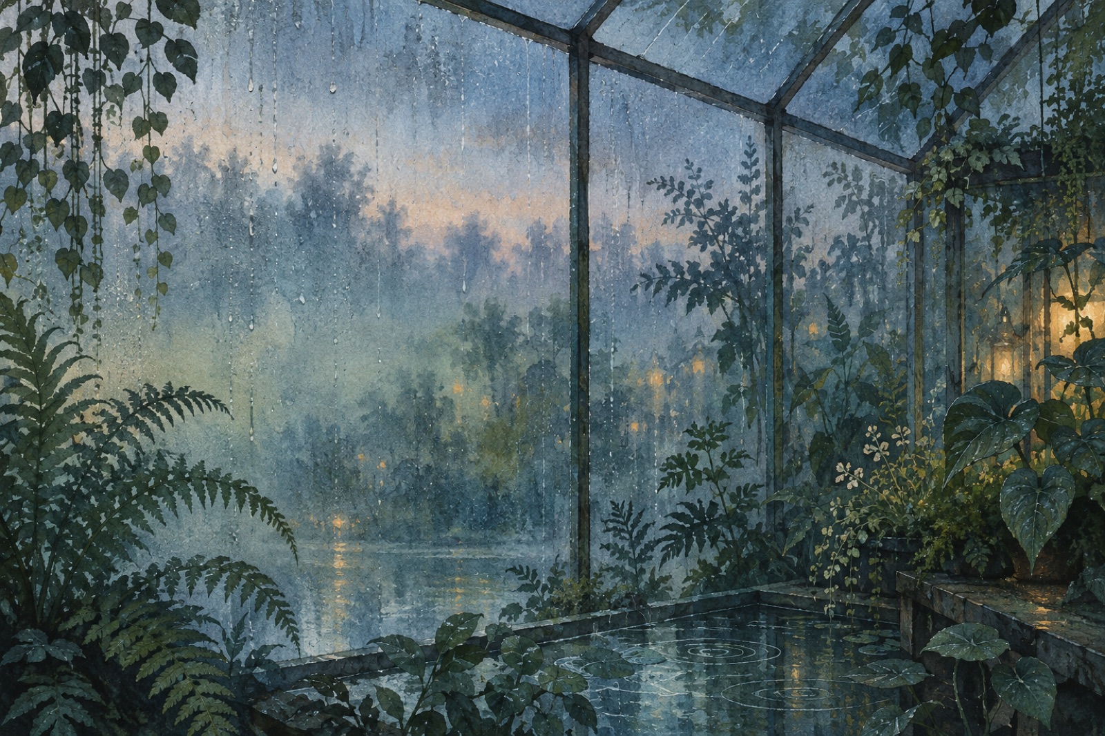 雨粒のついたガラス越しに植物が見える温室